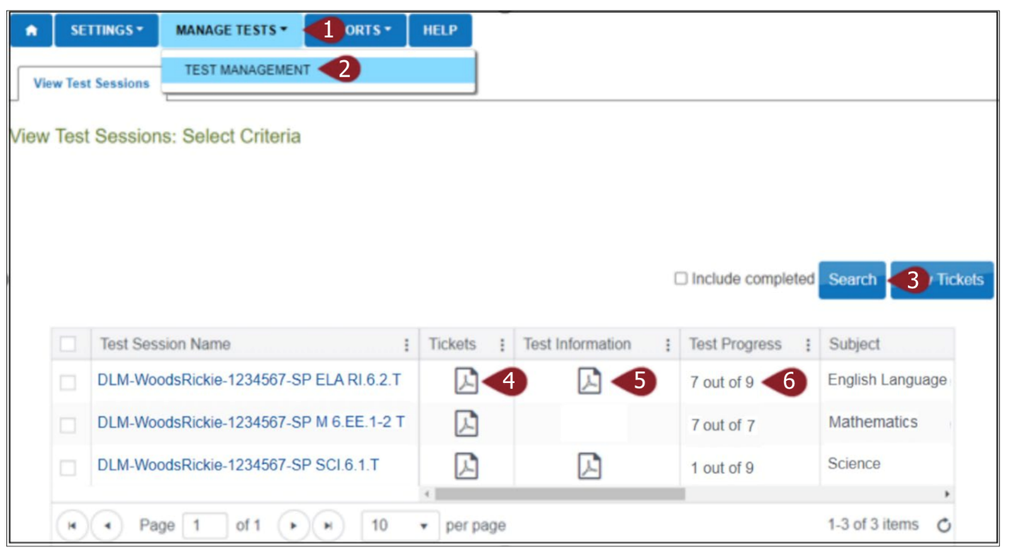 Screenshot showing the steps listed to access a student's Test Ticket, Testlet Information Page, and Test Progress