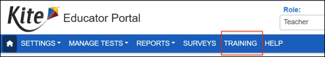 "Training tab link in the Educator Portal site navigation highlighted"