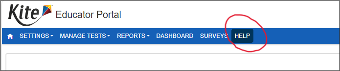 The Help tab is located at the end of the Educator Portal page header, next to the Surveys tab.